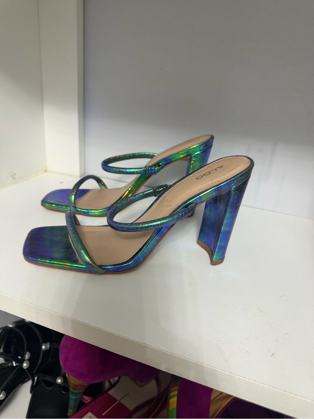 ALDO Iridescent Green-Blue Strappy Block Heel Sandals